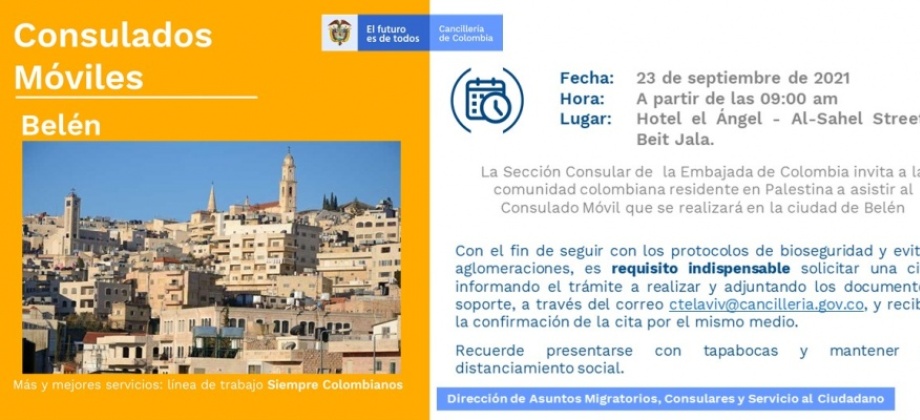 El Consulado de Colombia en Tel Aviv invita a los connacionales al Consulado Móvil que se realizará en Belén el 23 de septiembre de 2021