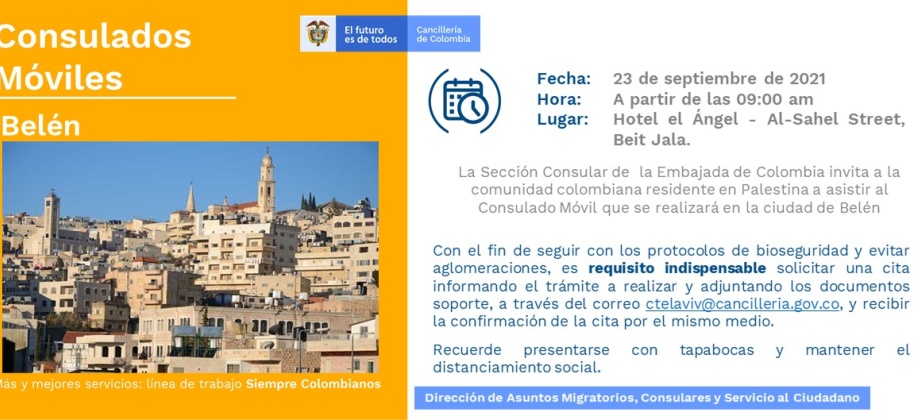 El Consulado de Colombia en Tel Aviv invita a los connacionales al Consulado Móvil que se realizará en Belén el 23 de septiembre
