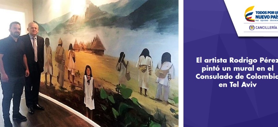 El artista Rodrigo Pérez pintó un mural en el Consulado de Colombia en Tel Aviv