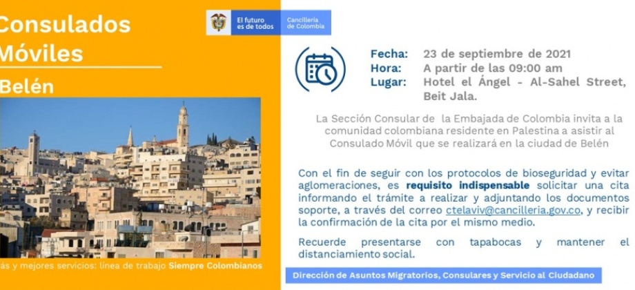 El Consulado de Colombia en Tel Aviv invita a los connacionales al Consulado Móvil que se realizará en Belén el 23 de septiembre