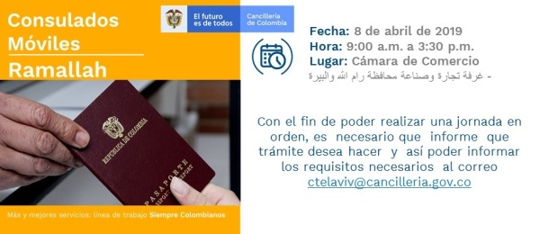 Consulado de Colombia en Tel Aviv realizará la jornada de Consulado Móvil en Ramallah el lunes 8 de abril