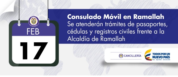 El Consulado de Colombia en Tel Aviv realizará una jornada móvil en Ramallah el 17 de febrero de 2016